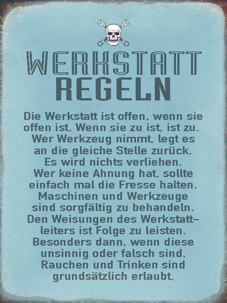 Holzschild 40x30 cm Werkstatt Regeln Werkstatt