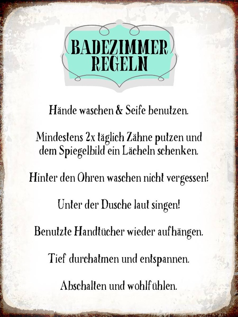 Holzschild 40x30 cm Badezimmer Regeln Hände waschen