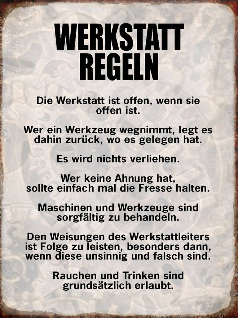 Holzschild 40x30 cm Werkstatt Regeln Werkzeug