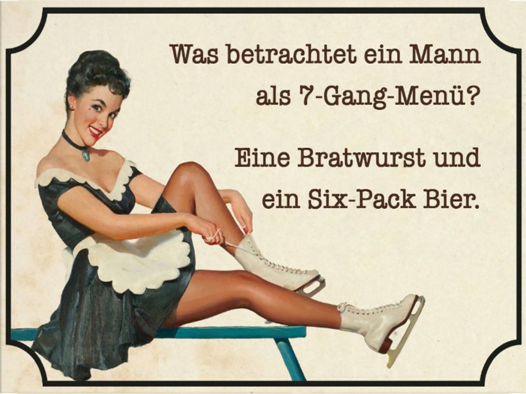 Holzschild 30x40 cm 7-Gang-Menü Mann Wurst Bier