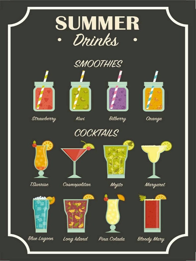 Holzschild 40x30 cm Drinks Summer Smoothies Cocktails