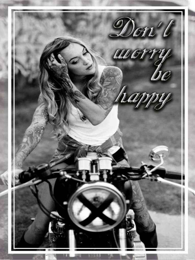 Holzschild 40x30 cm Motorrad Biker Girl don´t worry happy