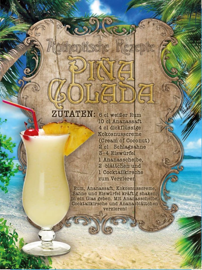 Holzschild 40x30 cm Rezept Pina Colada Zutaten Rum Ananas