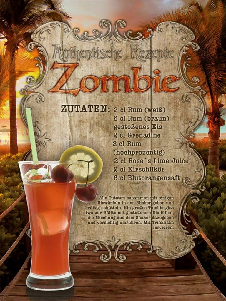 Holzschild 40x30 cm Rezept Zombie Zutaten Rum Grenadine