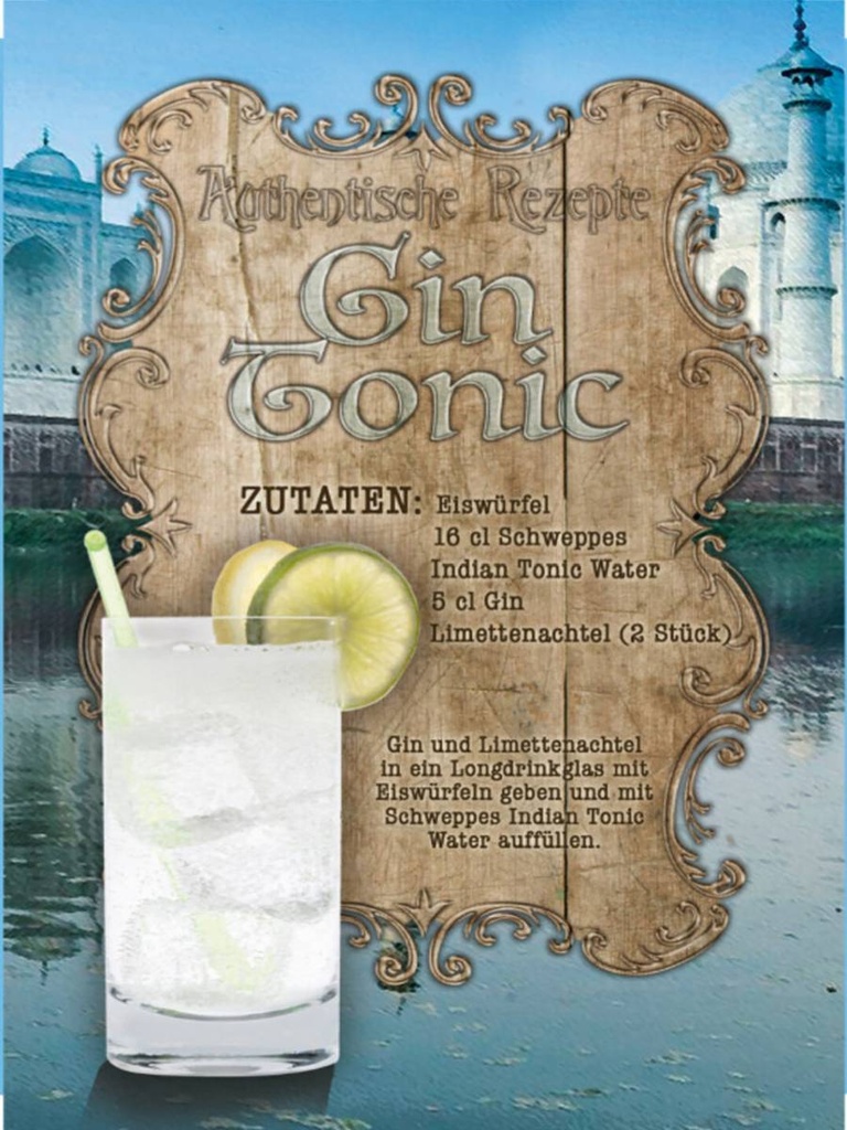 Holzschild 40x30 cm Rezept Gin Tonic Zutaten Indian Tonic