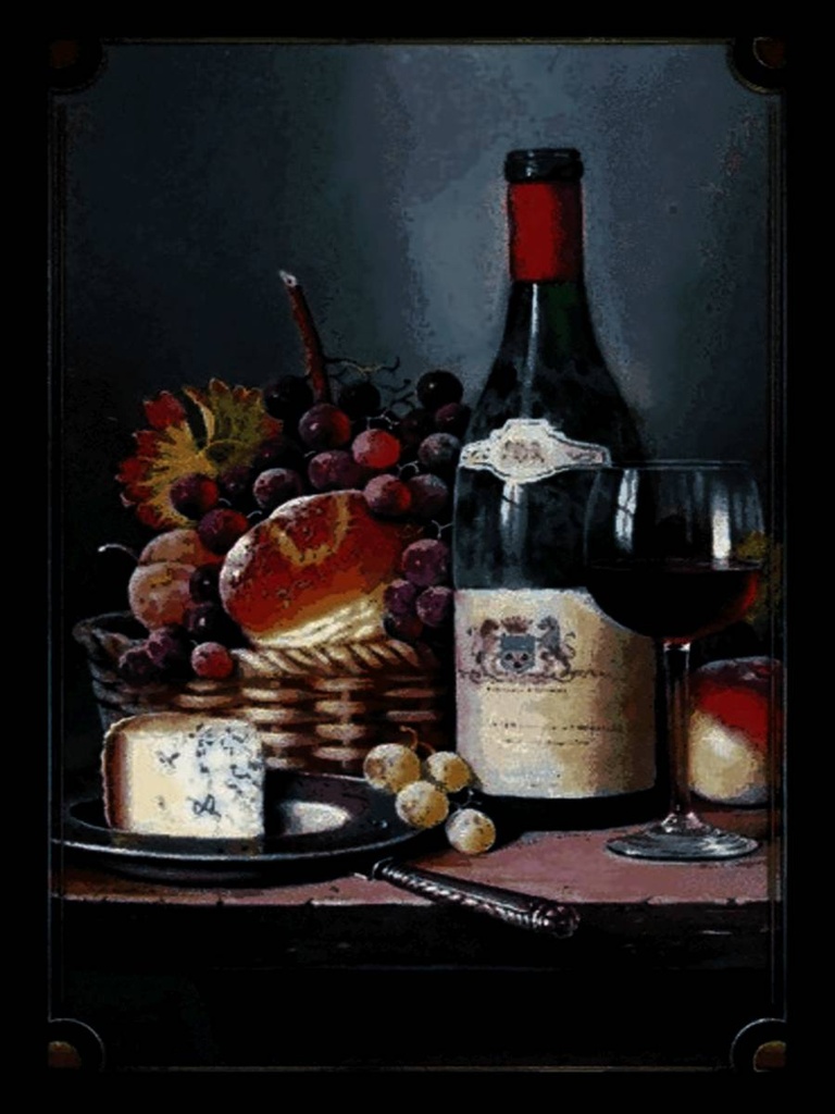Holzschild 40x30 cm Stillleben Rotwein Käse Obst
