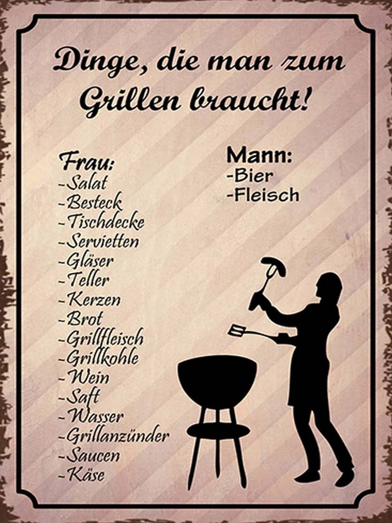 Holzschild 40x30 cm Dingen die zum Grillen braucht