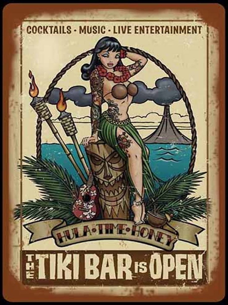 [LA-1792001-H] Holzschild 40x30 cm Pin Up TIKI Bar is Open Cocktail Music