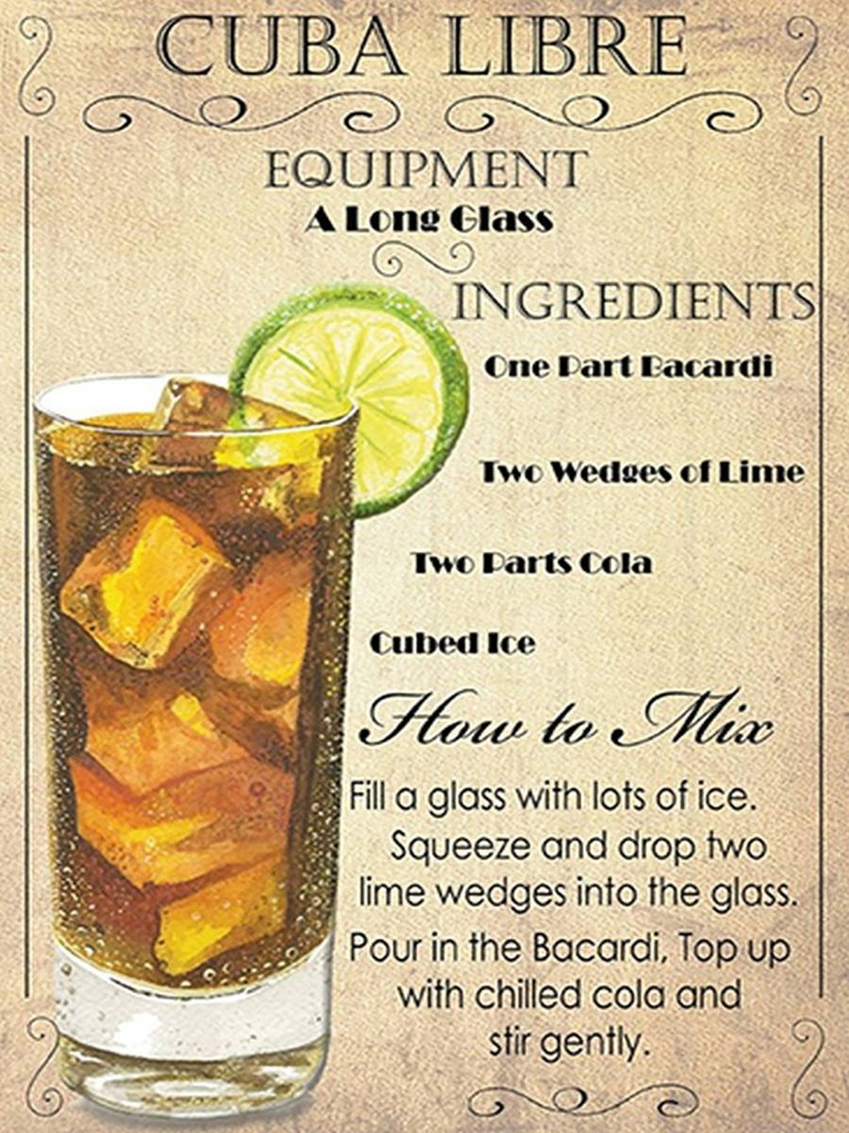 [LA-1792062-H] Holzschild 40x30 cm Alkohol Cuba Libre Equipment ingredient
