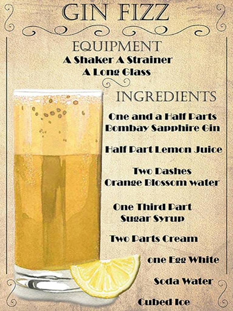 [LA-1792064-H] Holzschild 40x30 cm Alkohol Gin Fizz Equipment ingredients