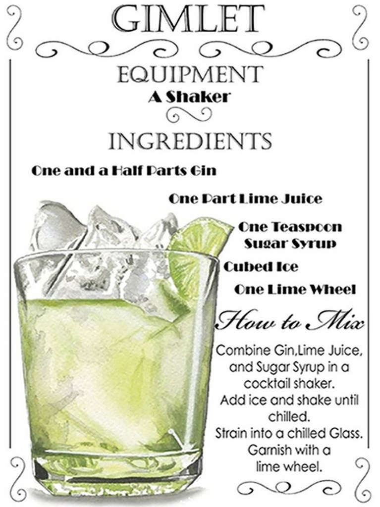 [LA-1792071-H] Holzschild 40x30 cm Alkohol Gimlet Equipment ingredients
