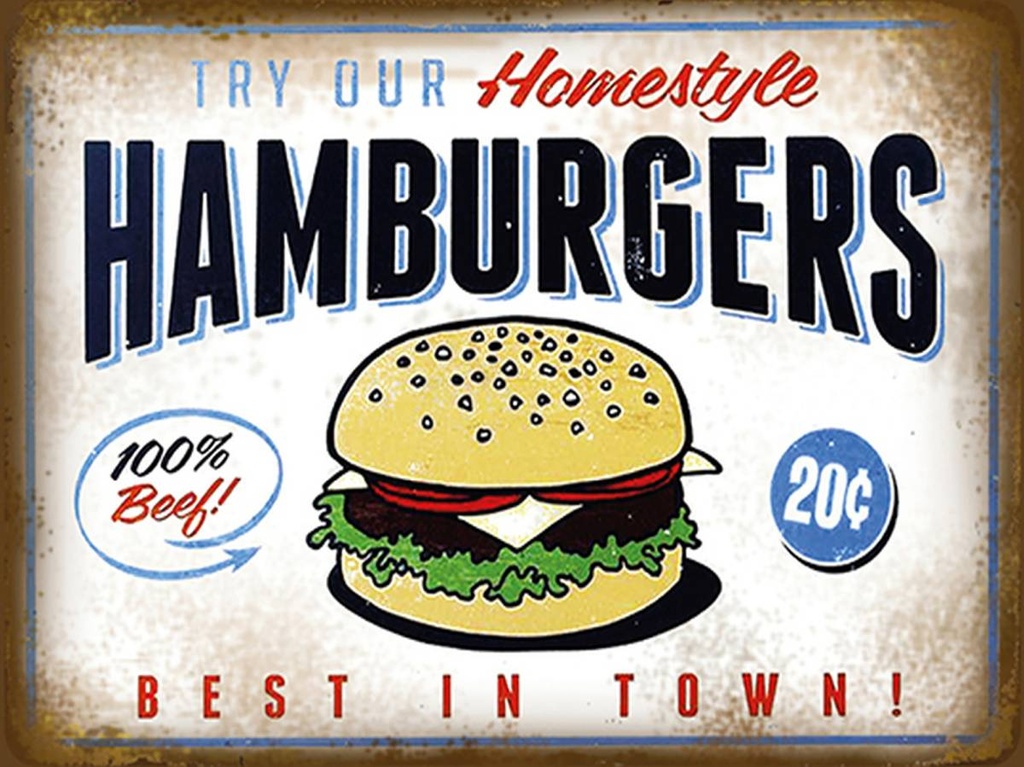 [LA-1792072-H] Holzschild 30x40 cm Hamburger best in town 100% Beef