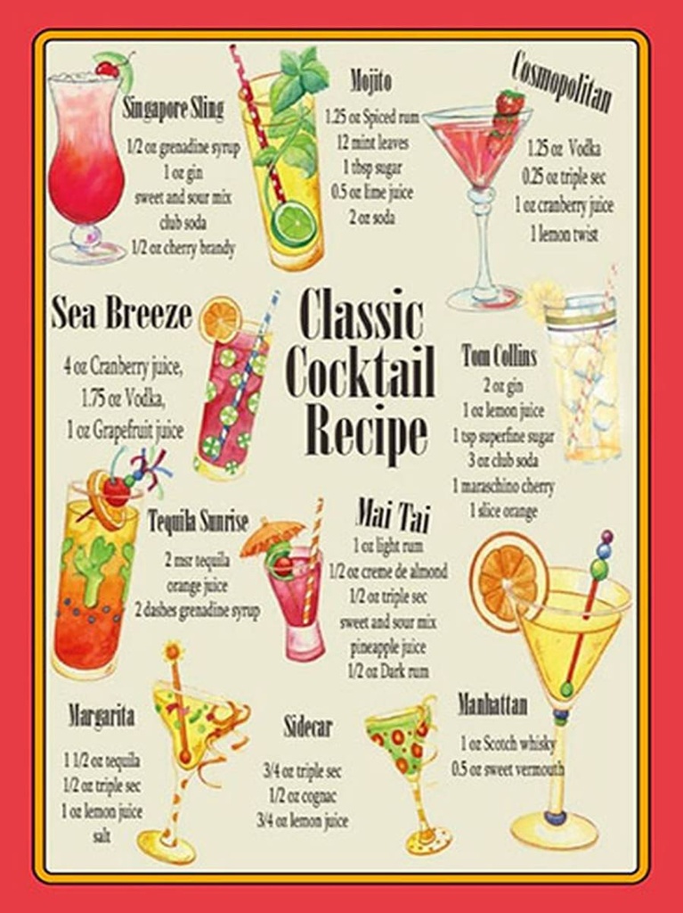 [LA-1792148-H] Holzschild 40x30 cm Alkohol Classic Cocktail Recipe Rezepte
