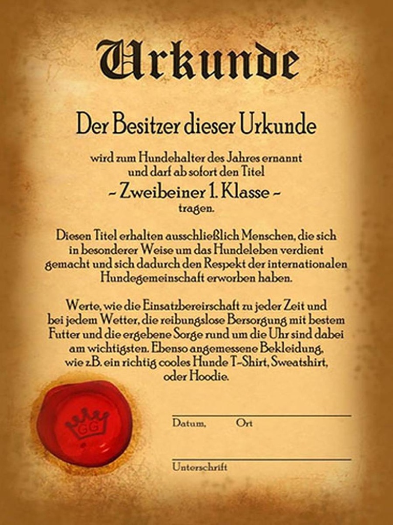 [LA-1792157-H] Holzschild 40x30 cm Hunde Urkunde Zweibeiner 1. Klasse