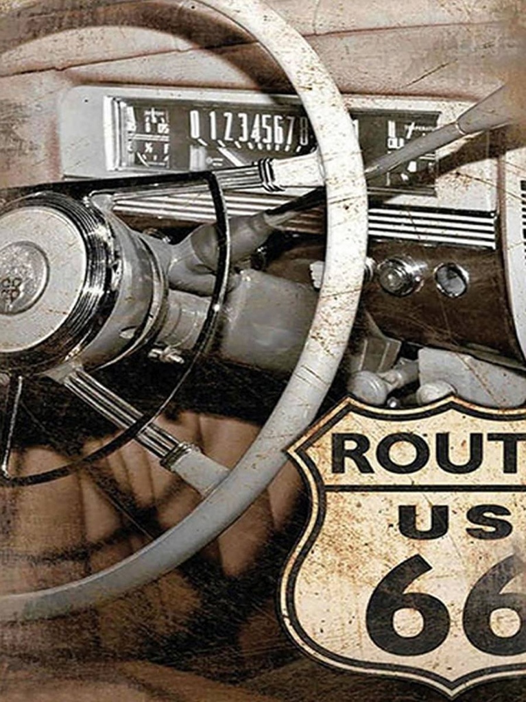 [LA-1792182-H] Holzschild 40x30 cm Retro Auto Lenkrad Route US 66