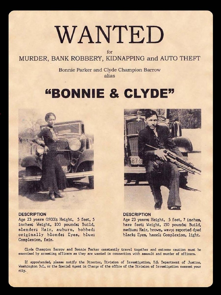 [LA-1792234-H] Holzschild 40x30 cm wanted Bonnie Clyde
