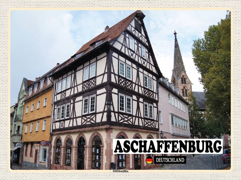 Holzschild 30x40 cm Aschaffenburg Stiftbasilika Altstadt Bildmotiv Reisemotiv Abenteuer Reisen