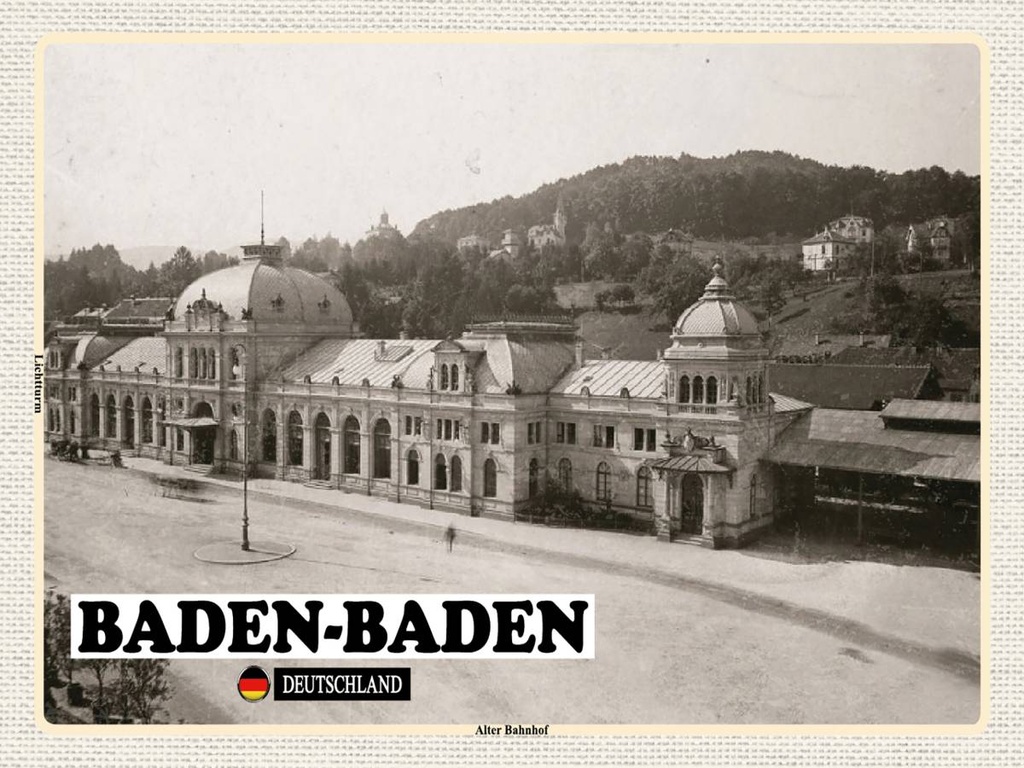 Holzschild 30x40 cm Baden-Baden Alter Bahnhof Bildmotiv Reisemotiv Abenteuer Reisen