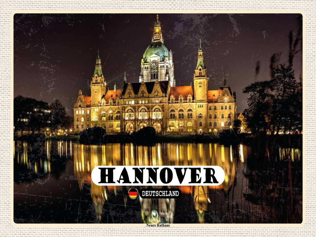 Holzschild 30x40 cm Hannover Neues Rathaus Abend Bildmotiv Reisemotiv Abenteuer Reisen