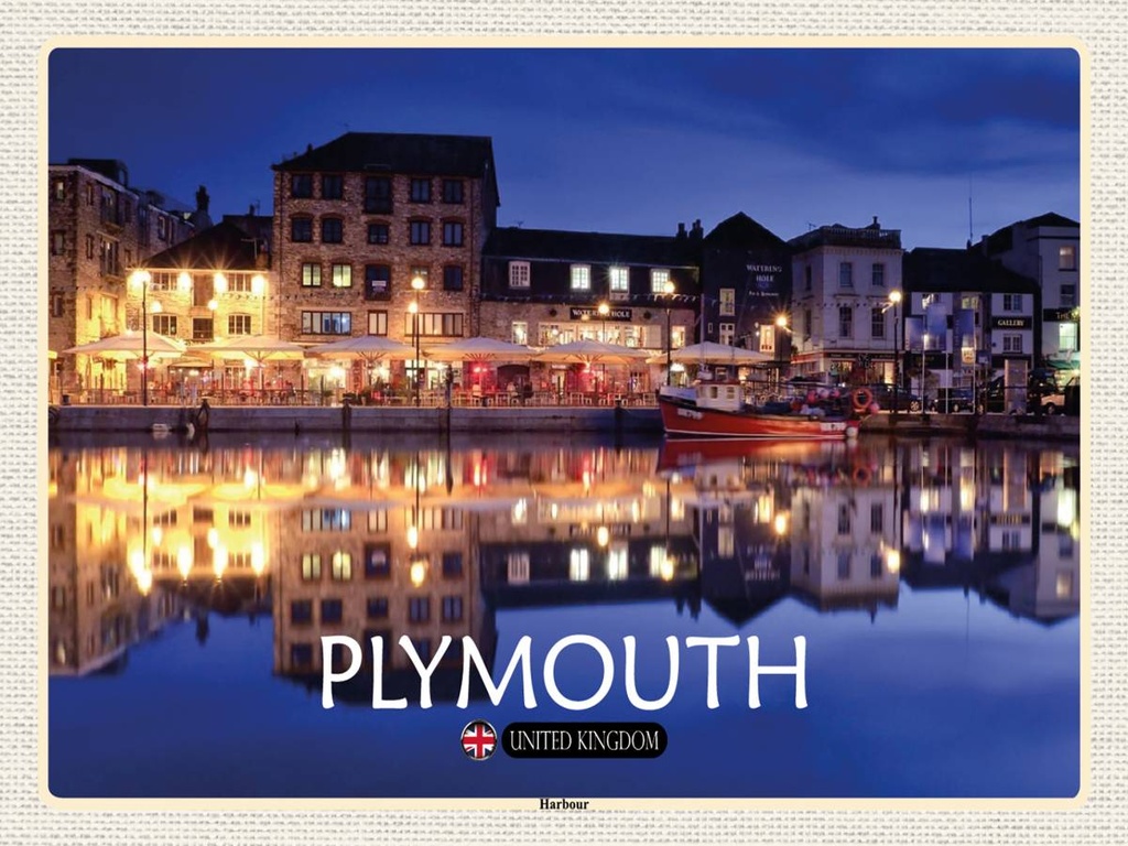 [LA-1792457-H] Holzschild 30x40 cm Plymouth Harbour England UK Bildmotiv Reisemotiv Abenteuer Reisen