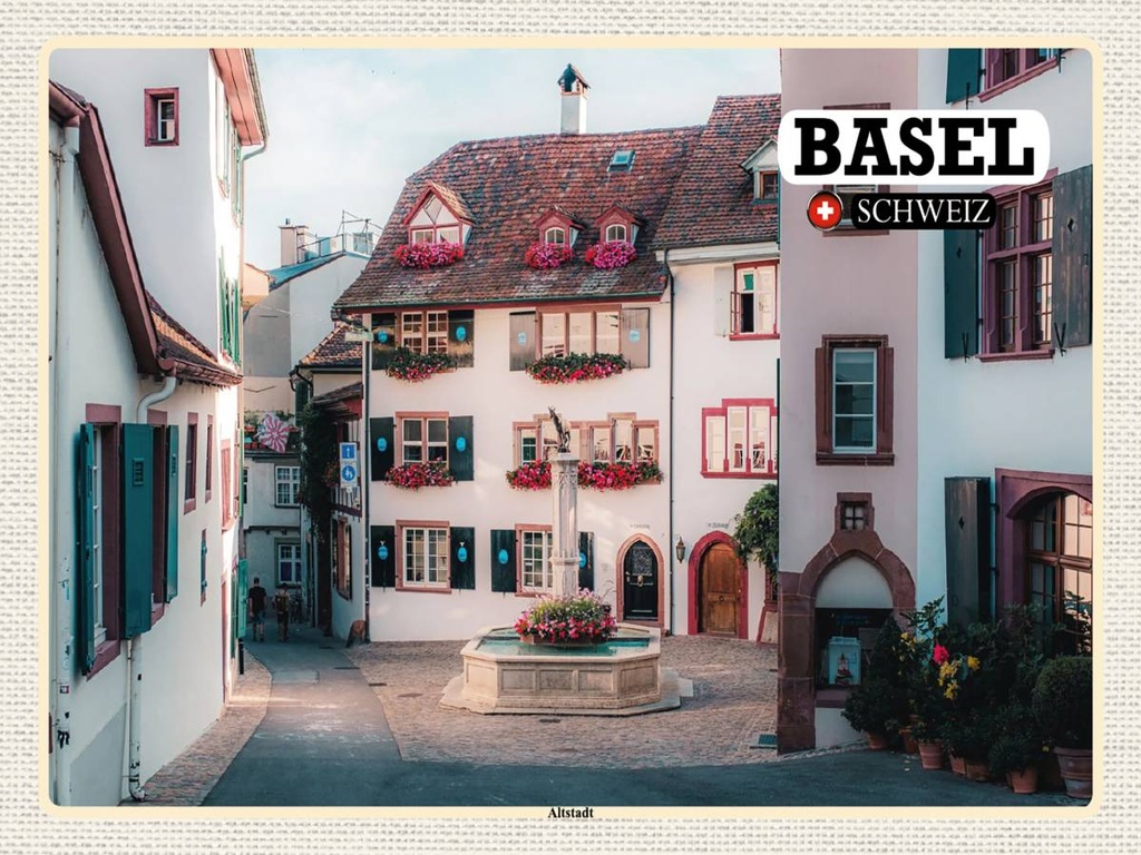 [LA-1792467-H] Holzschild 30x40 cm Basel Schweiz Altstadt Bildmotiv Reisemotiv Abenteuer Reisen