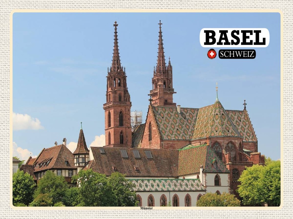 [LA-1792469-H] Holzschild 30x40 cm Basel Schweiz Münster Kirche Bildmotiv Reisemotiv Abenteuer Reisen