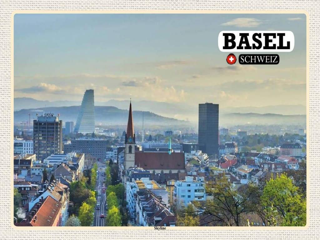 [LA-1792470-H] Holzschild 30x40 cm Basel Schweiz Skyline Bildmotiv Reisemotiv Abenteuer Reisen