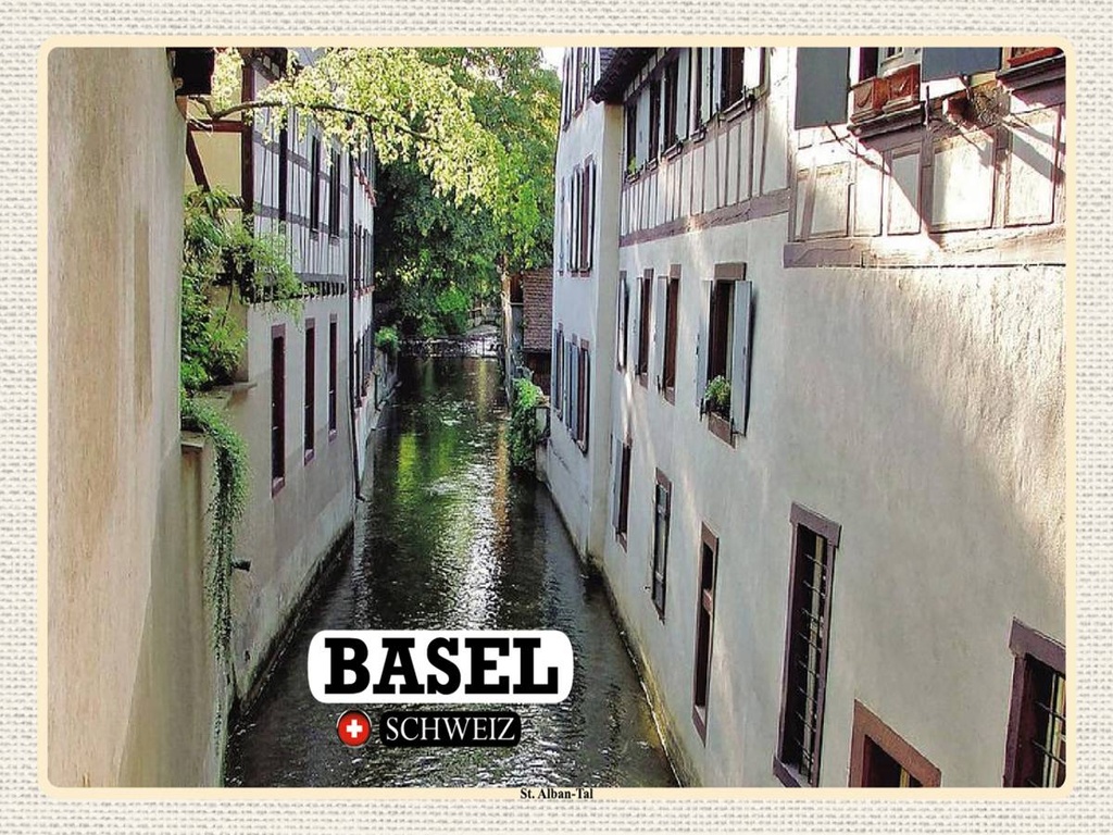 [LA-1792471-H] Holzschild 30x40 cm Basel Schweiz St. Alban-Tal Gebäude Bildmotiv Reisemotiv Abenteuer Reisen