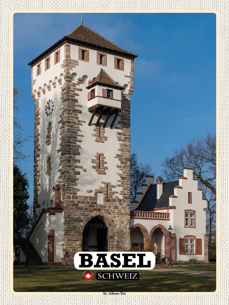 [LA-1792472-H] Holzschild 40x30 cm Basel Schweiz St. Alban-Tor Bildmotiv Reisemotiv Abenteuer Reisen