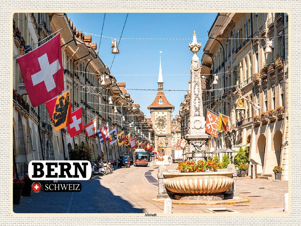 [LA-1792473-H] Holzschild 30x40 cm Bern Schweiz Altstadt Flaggen Bildmotiv Reisemotiv Abenteuer Reisen