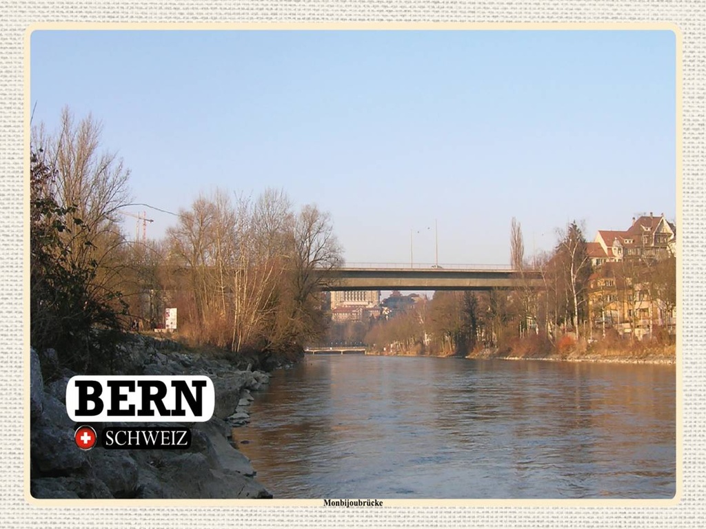 [LA-1792475-H] Holzschild 30x40 cm Bern Schweiz Monbijoubrücke Fluss Bildmotiv Reisemotiv Abenteuer Reisen