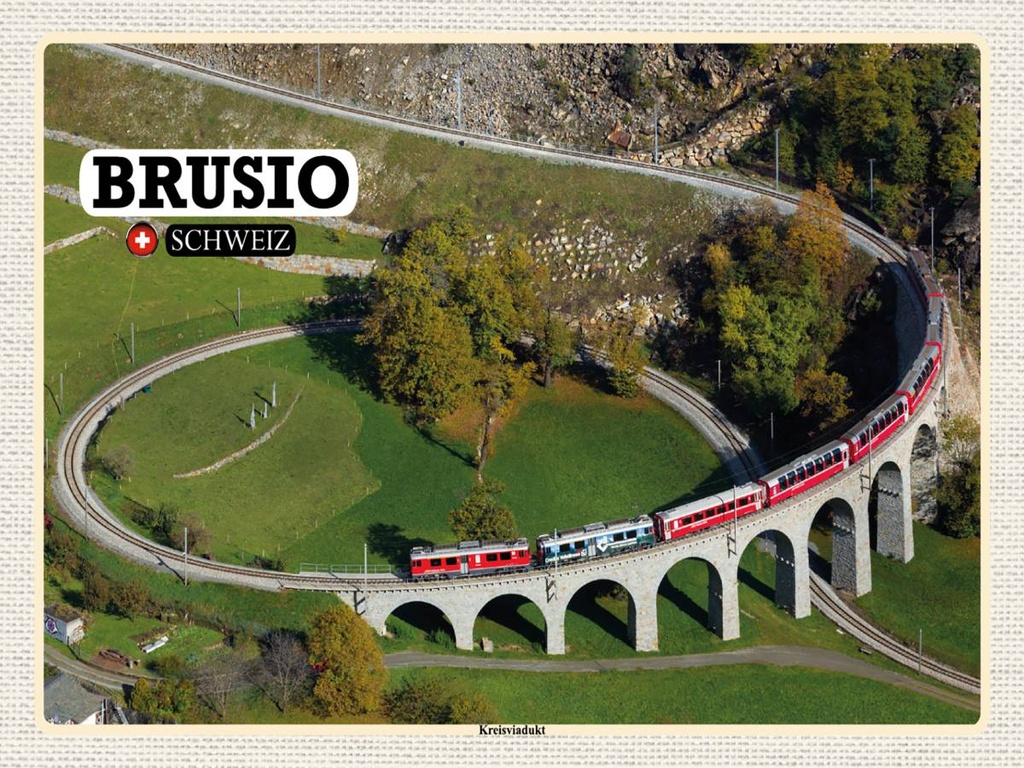 [LA-1792476-H] Holzschild 30x40 cm Brusio Schweiz Kreisviadukt Zug Bildmotiv Reisemotiv Abenteuer Reisen