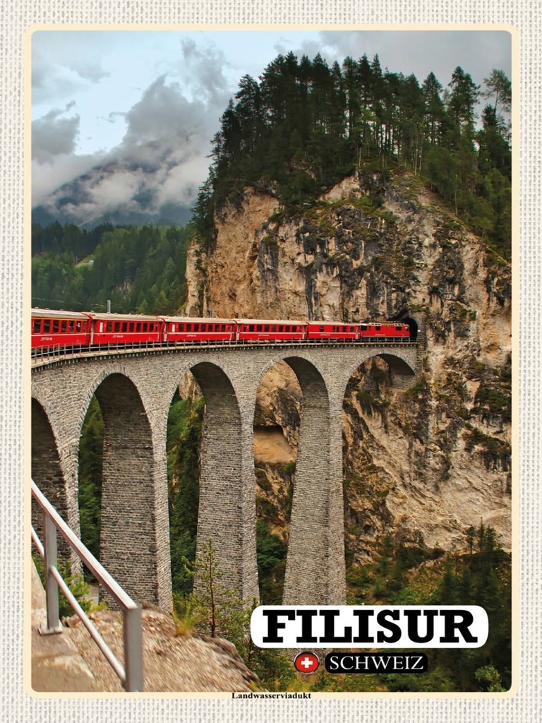 [LA-1792477-H] Holzschild 40x30 cm Filisur Schweiz Landwasserviadukt Bildmotiv Reisemotiv Abenteuer Reisen