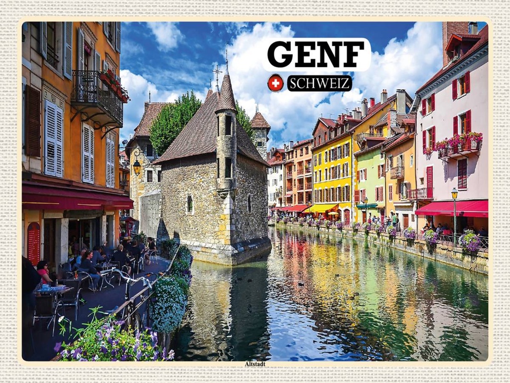 [LA-1792478-H] Holzschild 30x40 cm Genf Schweiz Altstadt Fluss Bildmotiv Reisemotiv Abenteuer Reisen