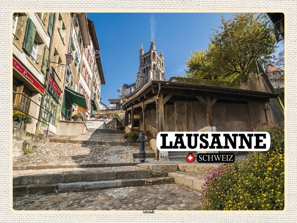 [LA-1792483-H] Holzschild 30x40 cm Lausanne Schweiz Altstadt Bildmotiv Reisemotiv Abenteuer Reisen