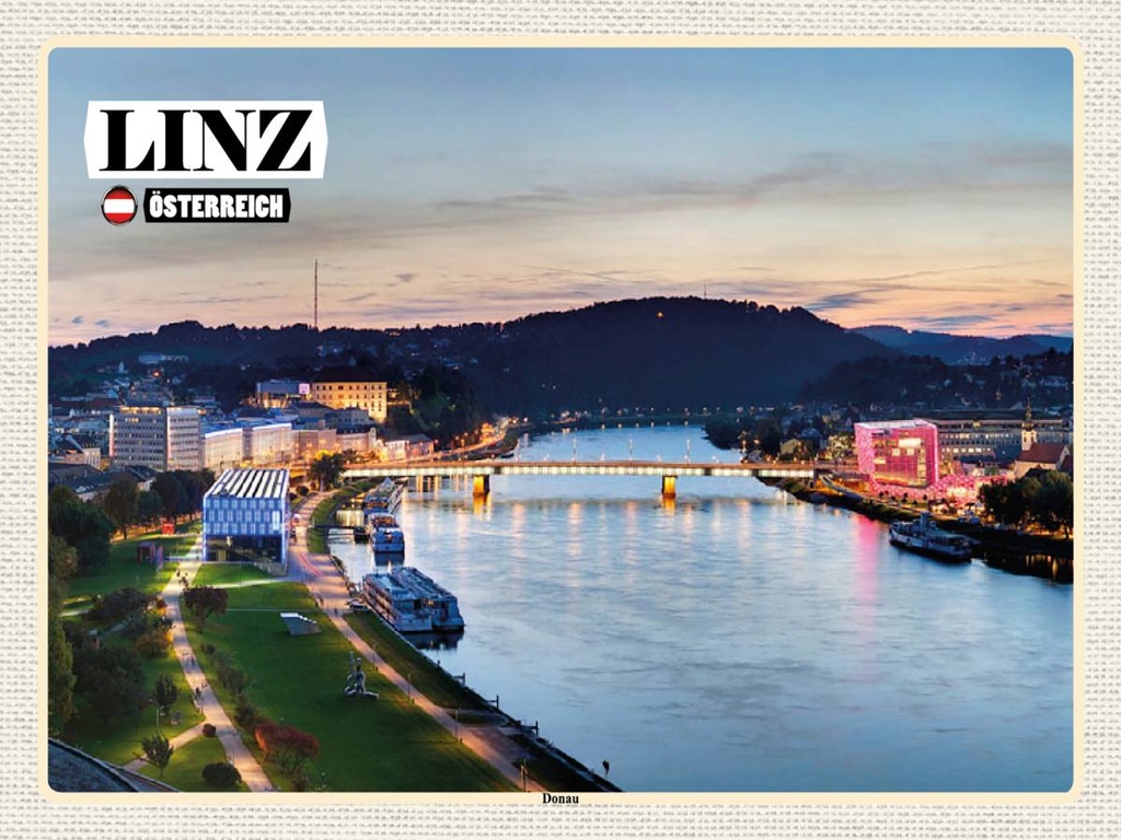 [LA-1792501-H] Holzschild 30x40 cm Linz Österreich Donau Fluss Bildmotiv Reisemotiv Abenteuer Reisen