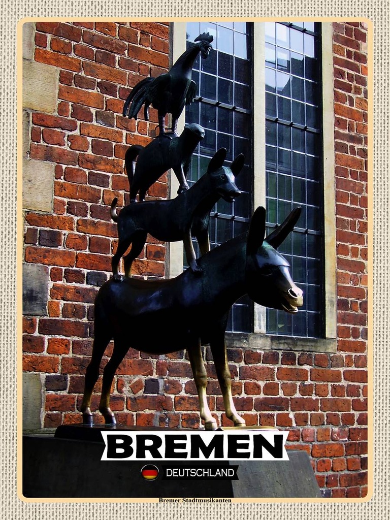 [LA-1792568-H] Holzschild 40x30 cm Deutschland Bremer Stadtmusikanten Bildmotiv Reisemotiv Abenteuer Reisen