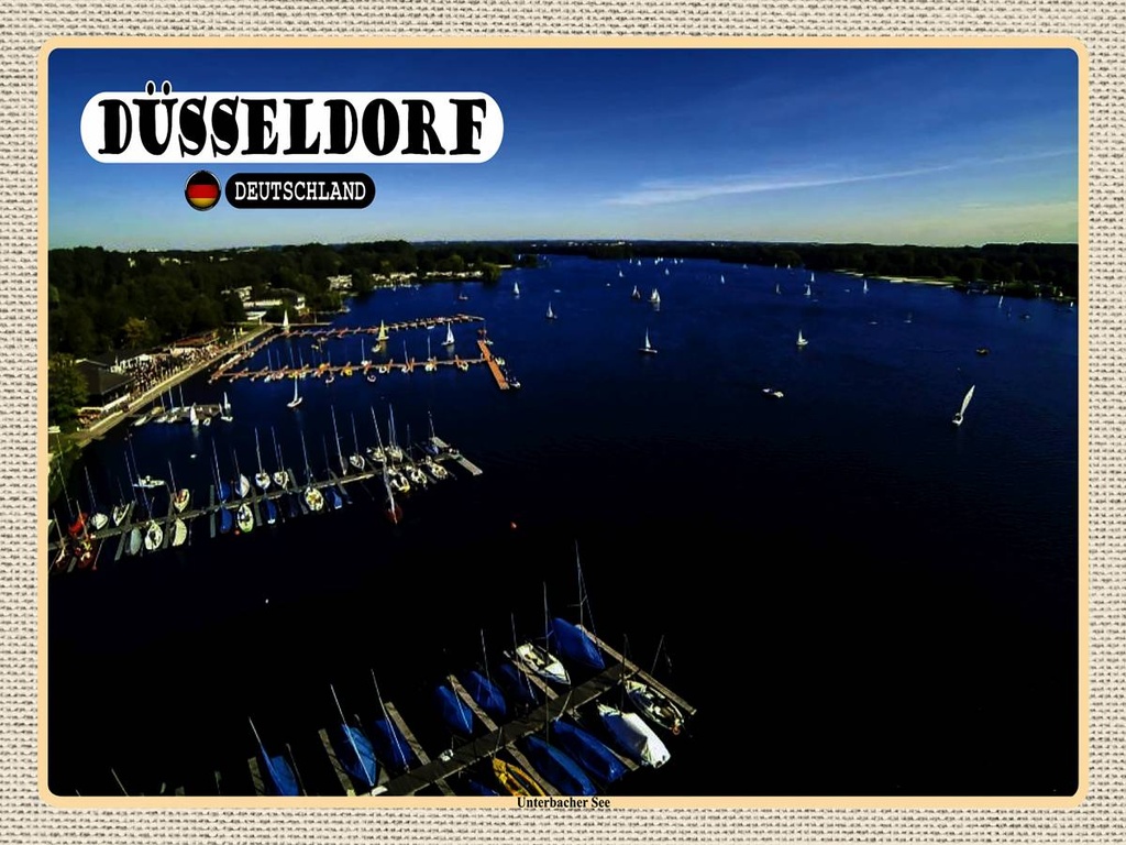[LA-1792613-H] Holzschild 30x40 cm Düsseldorf Unterbacher See Boot Bildmotiv Reisemotiv Abenteuer Reisen