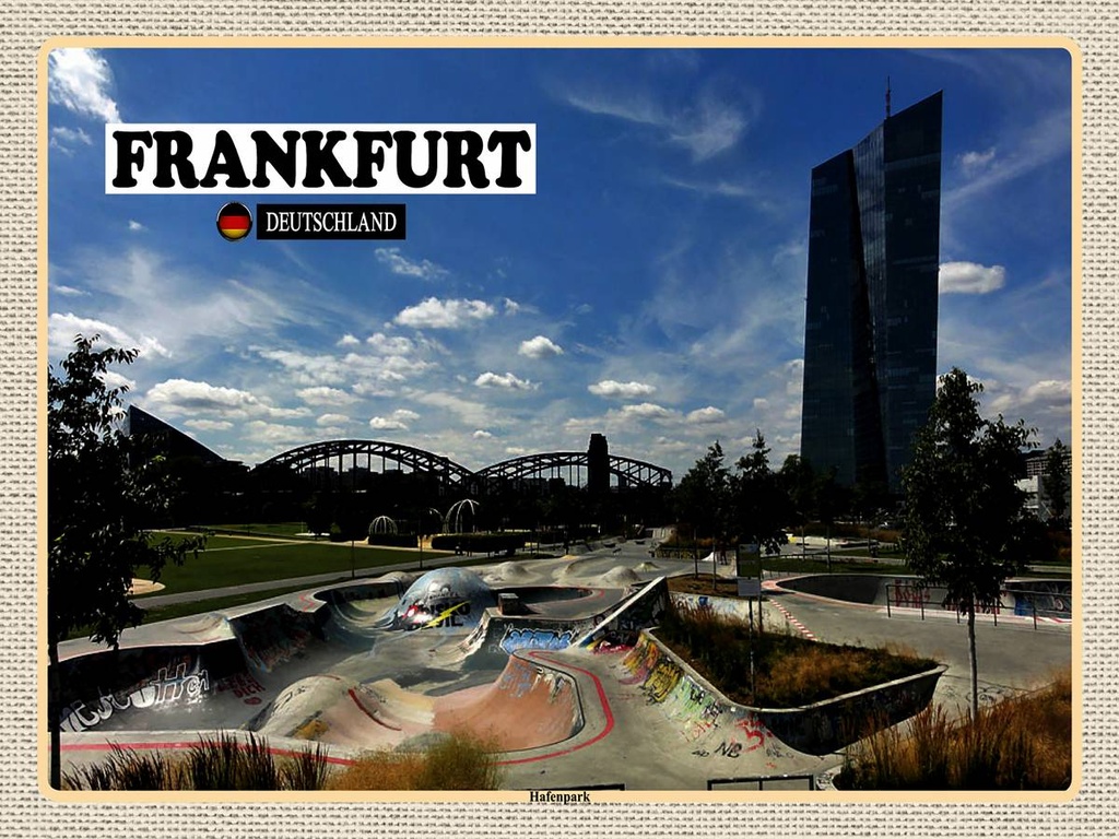 [LA-1792622-H] Holzschild 30x40 cm Frankfurt Hafenpark Skatepark Bildmotiv Reisemotiv Abenteuer Reisen