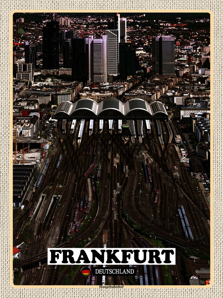 [LA-1792623-H] Holzschild 40x30 cm Frankfurt Blick auf Hauptbahnhof Bildmotiv Reisemotiv Abenteuer Reisen