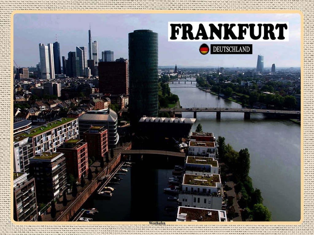 [LA-1792634-H] Holzschild 30x40 cm Frankfurt Deutschland Westhafen Bildmotiv Reisemotiv Abenteuer Reisen