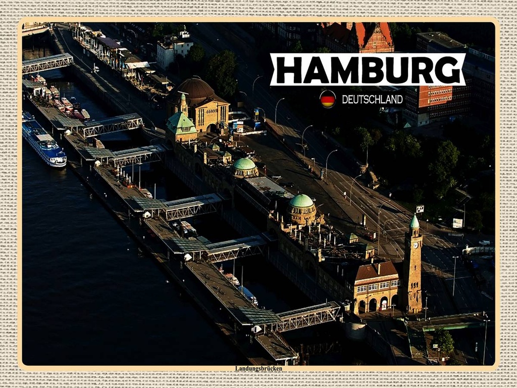 [LA-1792648-H] Holzschild 30x40 cm Hamburg Blick auf Landungsbrücken Bildmotiv Reisemotiv Abenteuer Reisen