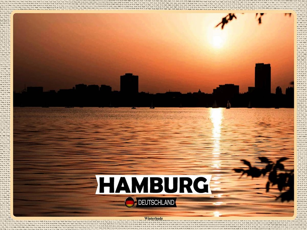 [LA-1792655-H] Holzschild 30x40 cm Hamburg Winterhude Sonnenuntergang Bildmotiv Reisemotiv Abenteuer Reisen