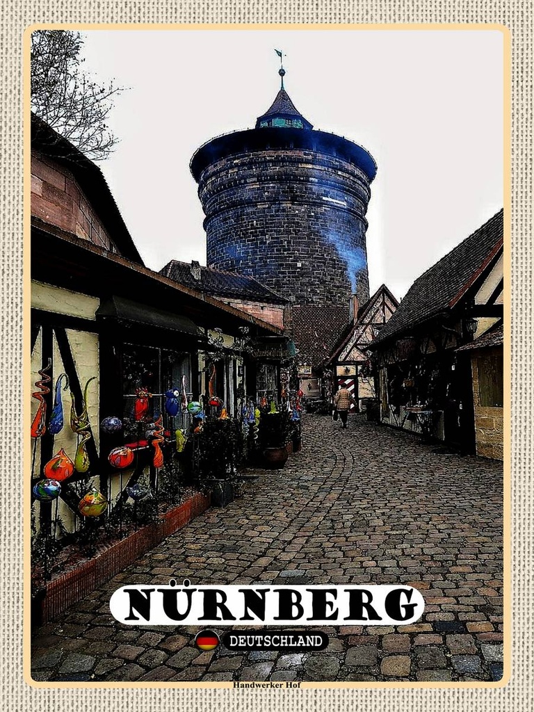[LA-1792729-H] Holzschild 40x30 cm Nürnberg Handwerker Hof Altstad Bildmotiv Reisemotiv Abenteuer Reisen