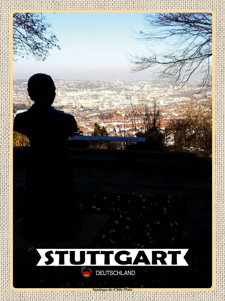 [LA-1792751-H] Holzschild 40x30 cm Stuttgart Santiago-de-Chie-Platz Bildmotiv Reisemotiv Abenteuer Reisen