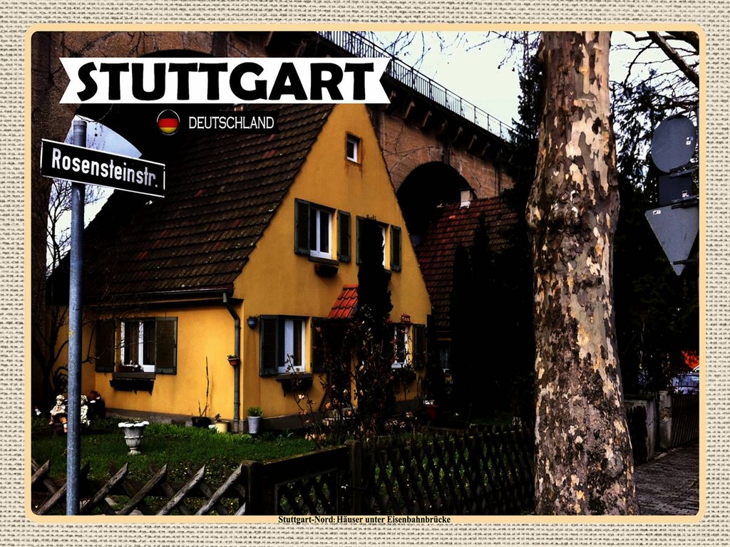 [LA-1792755-H] Holzschild 30x40 cm Stuttgart Nord Haus Eisenbahnbrücke Bildmotiv Reisemotiv Abenteuer Reisen
