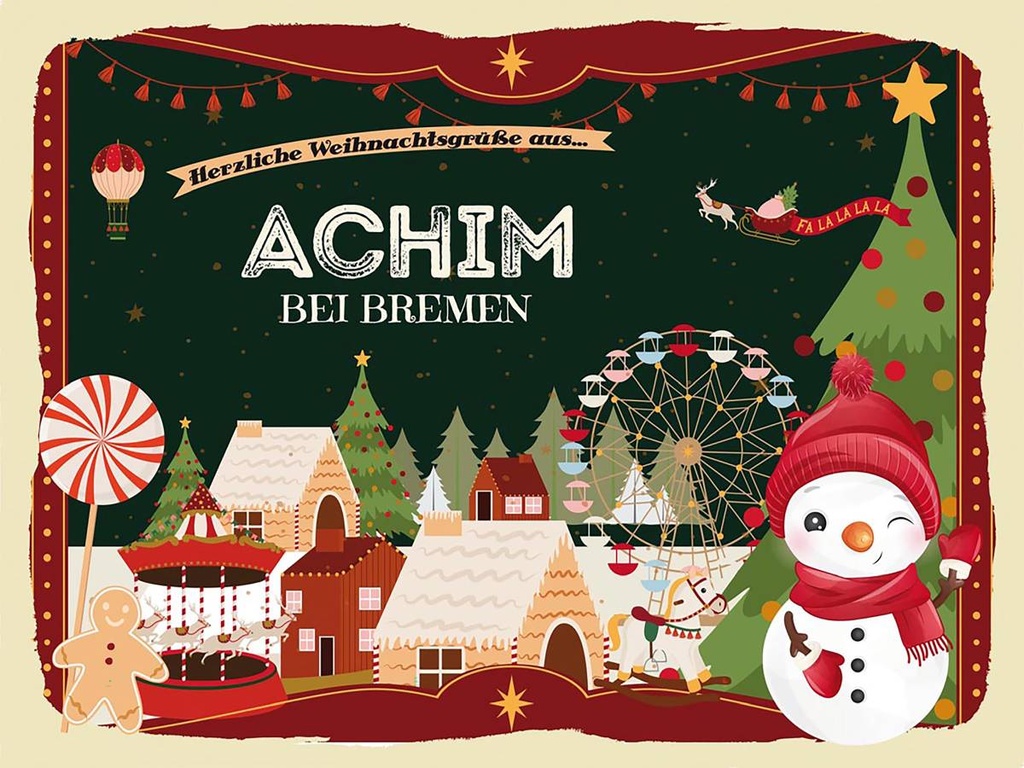 [LA-1792765-H] Holzschild 30x40 cm Weihnachtsgrüße aus Achim bei Bremen Weihnachten
