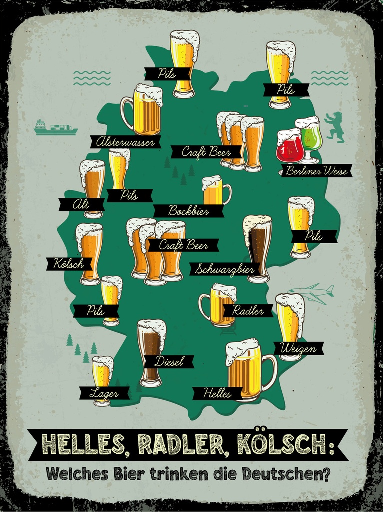 [LA-1812426-H] Holzschild 40x30 cm Blechschild Alkohol 30x40cm Welches Bier trinken die Deutschen Karte Deko Schild