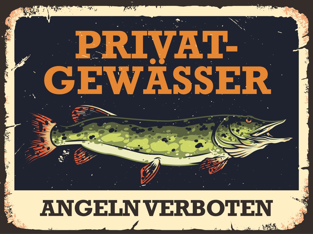 [LA-1813031-H] Holzschild 30x40 cm Privatgewässer Angeln verboten Hecht Fisch Schild