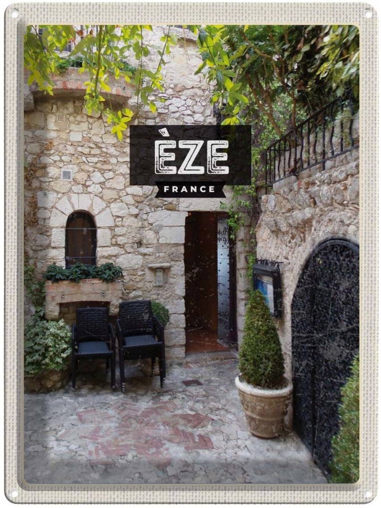 [LA-136381] Blechschild 40x30 cm Eze France Häuser Architektur Steinhaus Bildmotiv Reisemotiv Abenteuer Reisen Europa Urlaub